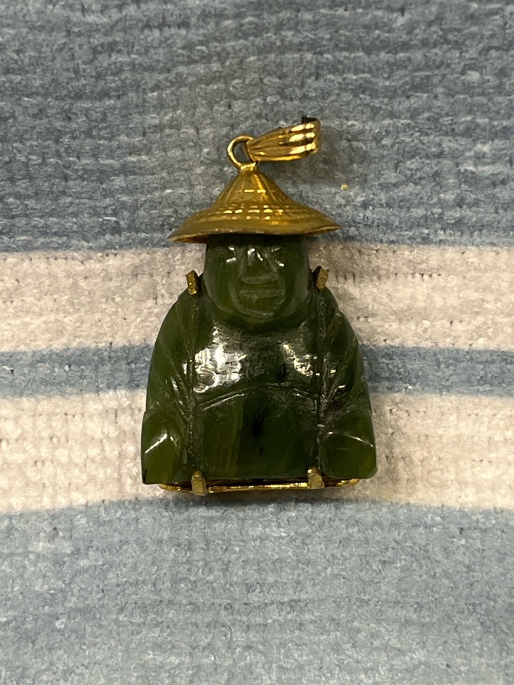 VINTAGE! Jadeite Buddha Pendant Wearing Gold-Tone Hat & Symbols of Good Fortune